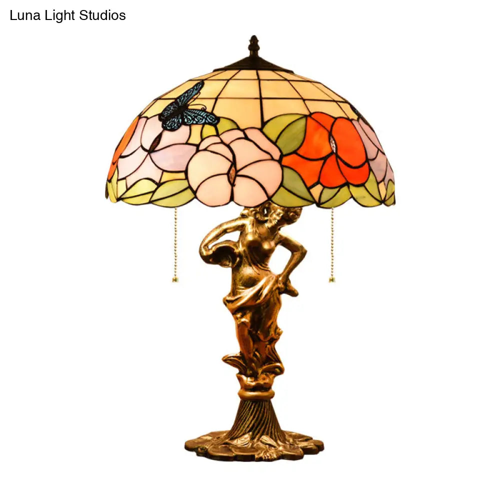 Bronze Stained Glass Tiffany Table Lamp With Pull Chain - Hemispherical Design