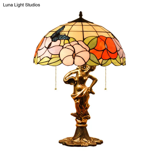 Bronze Stained Glass Tiffany Table Lamp With Pull Chain - Hemispherical Design