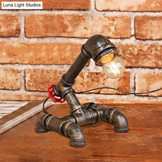 Bronze Steampunk Exposed Bulb Table Light With Pipe-Like Base - 1 Head Wrought Iron Standing Lamp