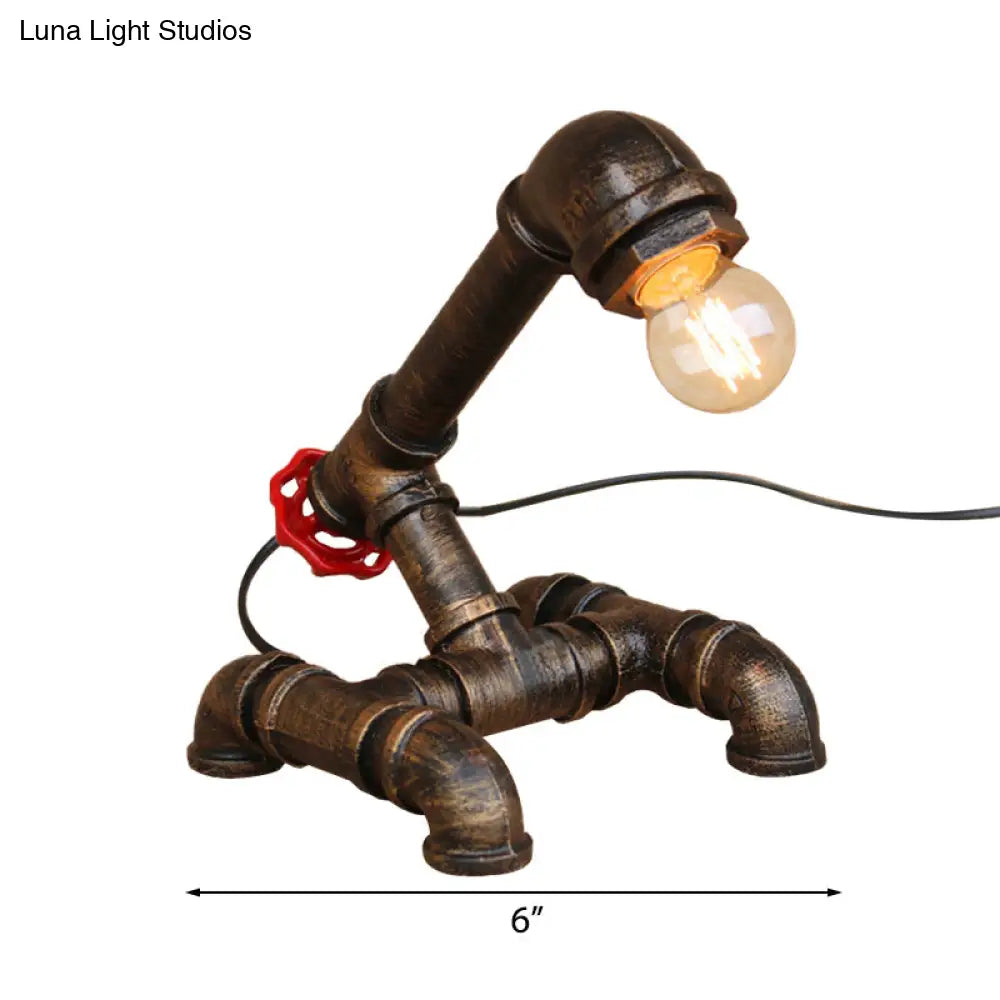 Bronze Steampunk Exposed Bulb Table Light With Pipe-Like Base - 1 Head Wrought Iron Standing Lamp