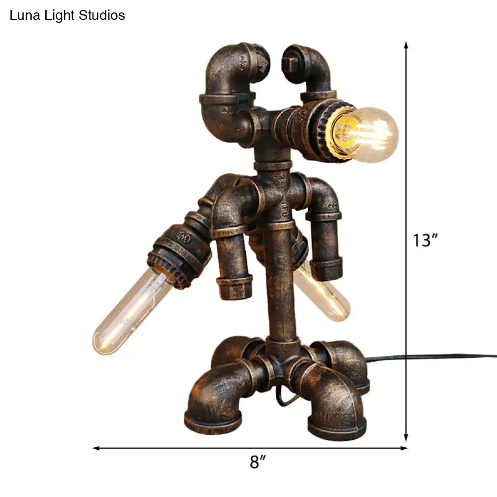 Bronze Steampunk Exposed Bulb Table Light With Pipe-Like Base - 1 Head Wrought Iron Standing Lamp