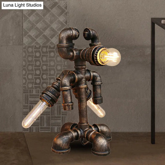 Bronze Steampunk Exposed Bulb Table Light With Pipe-Like Base - 1 Head Wrought Iron Standing Lamp