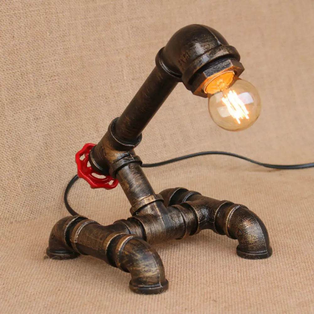 Bronze Steampunk Exposed Bulb Table Light With Pipe-Like Base - 1 Head Wrought Iron Standing Lamp /