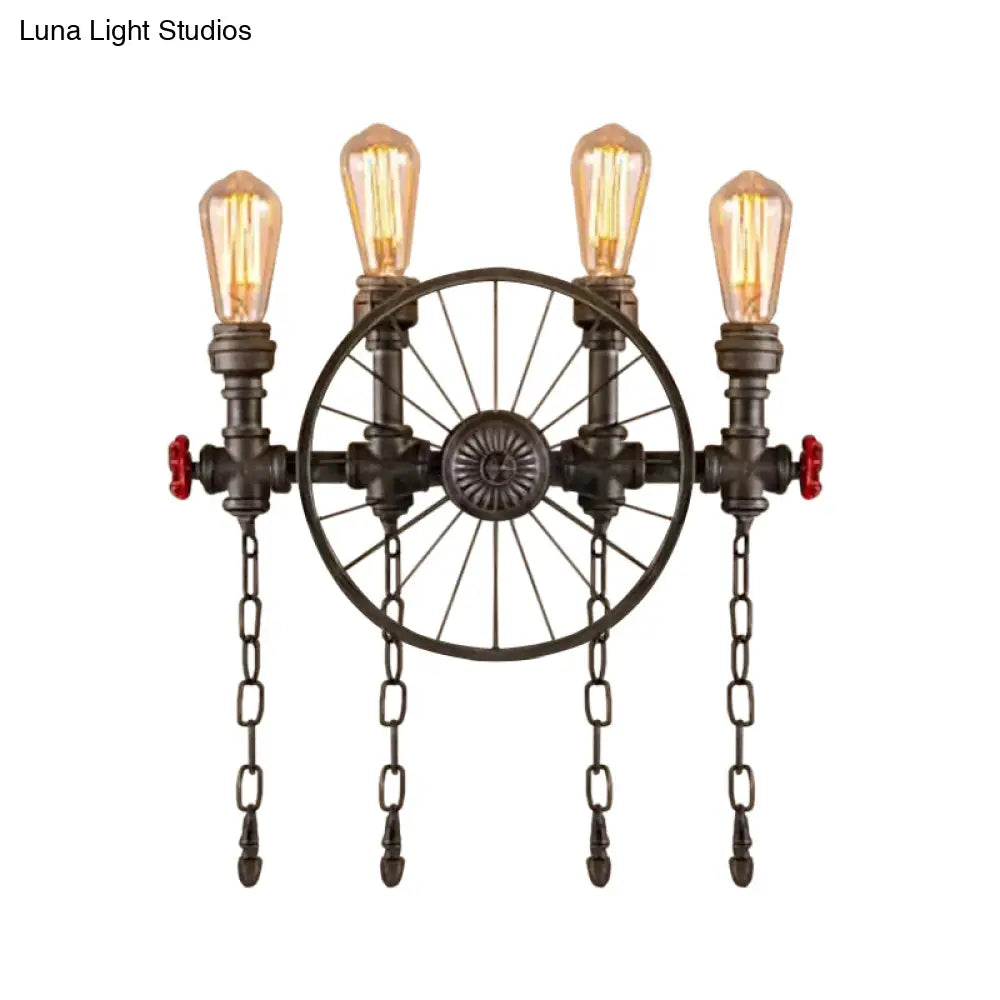 Bronze Steampunk Wall Sconce With Chain And Valve - 2/4-Head Iron Light Fixture