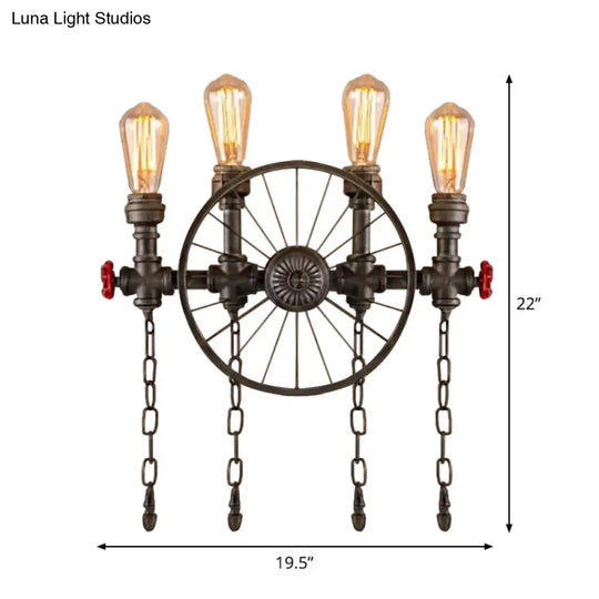 Bronze Steampunk Wall Sconce With Chain And Valve - 2/4-Head Iron Light Fixture