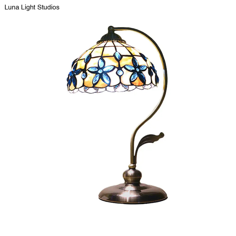 Bronze Tiffany Gooseneck Table Lamp With Floral Shell Lampshade - Single-Bulb Metal Night Light