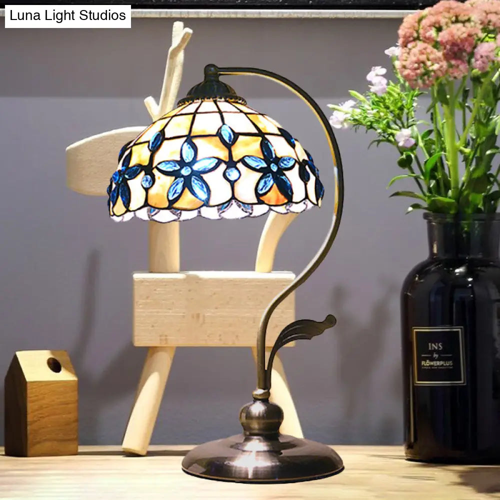 Bronze Tiffany Gooseneck Table Lamp With Floral Shell Lampshade - Single-Bulb Metal Night Light