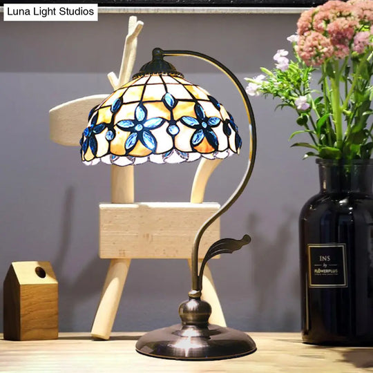 Bronze Tiffany Gooseneck Table Lamp With Floral Shell Lampshade - Single-Bulb Metal Night Light