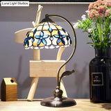 Bronze Tiffany Gooseneck Table Lamp With Floral Shell Lampshade - Single-Bulb Metal Night Light