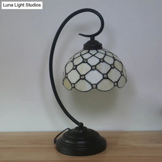 Bronze Tiffany Night Table Lamp With Beaded Patterned Shade - Swirl Arm Beige/White Glass