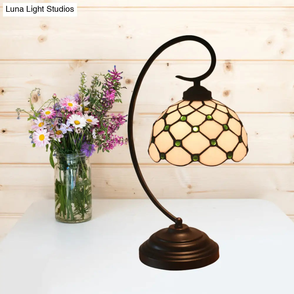 Bronze Tiffany Night Table Lamp With Beaded Patterned Shade - Swirl Arm Beige/White Glass