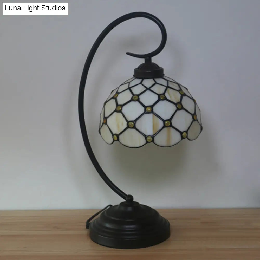 Bronze Tiffany Night Table Lamp With Beaded Patterned Shade - Swirl Arm Beige/White Glass