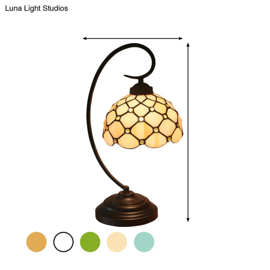 Bronze Tiffany Night Table Lamp With Beaded Patterned Shade - Swirl Arm Beige/White Glass