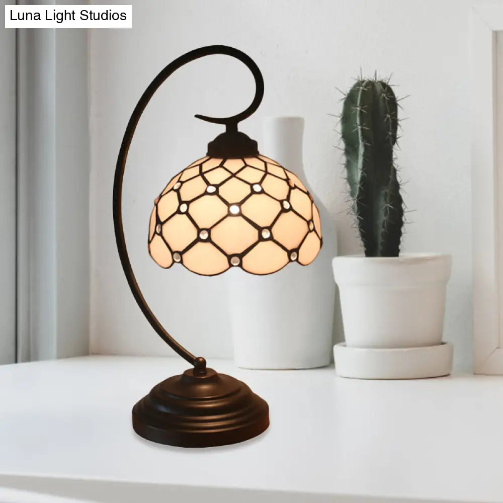 Bronze Tiffany Night Table Lamp With Beaded Patterned Shade - Swirl Arm Beige/White Glass