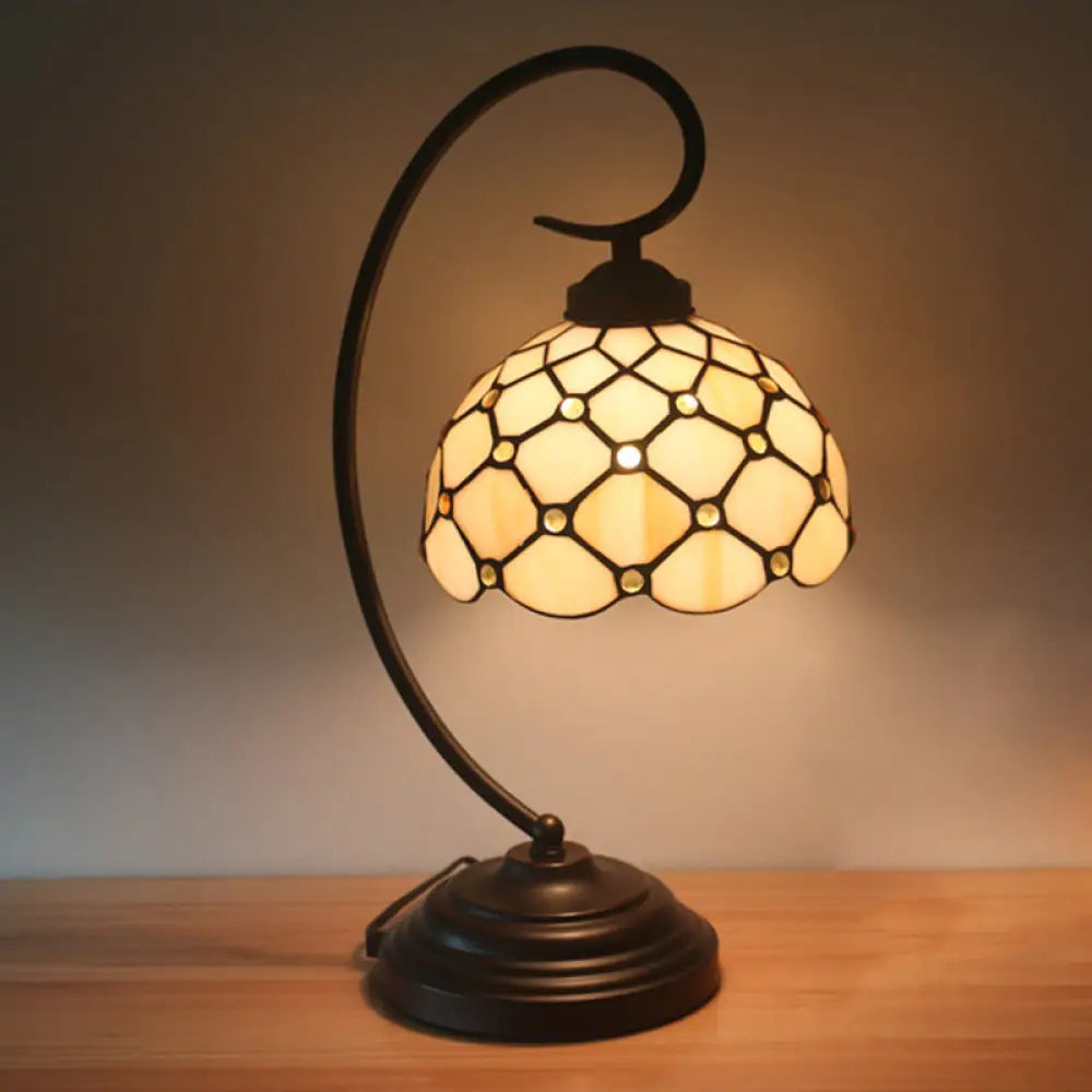 Bronze Tiffany Night Table Lamp With Beaded Patterned Shade - Swirl Arm Beige/White Glass