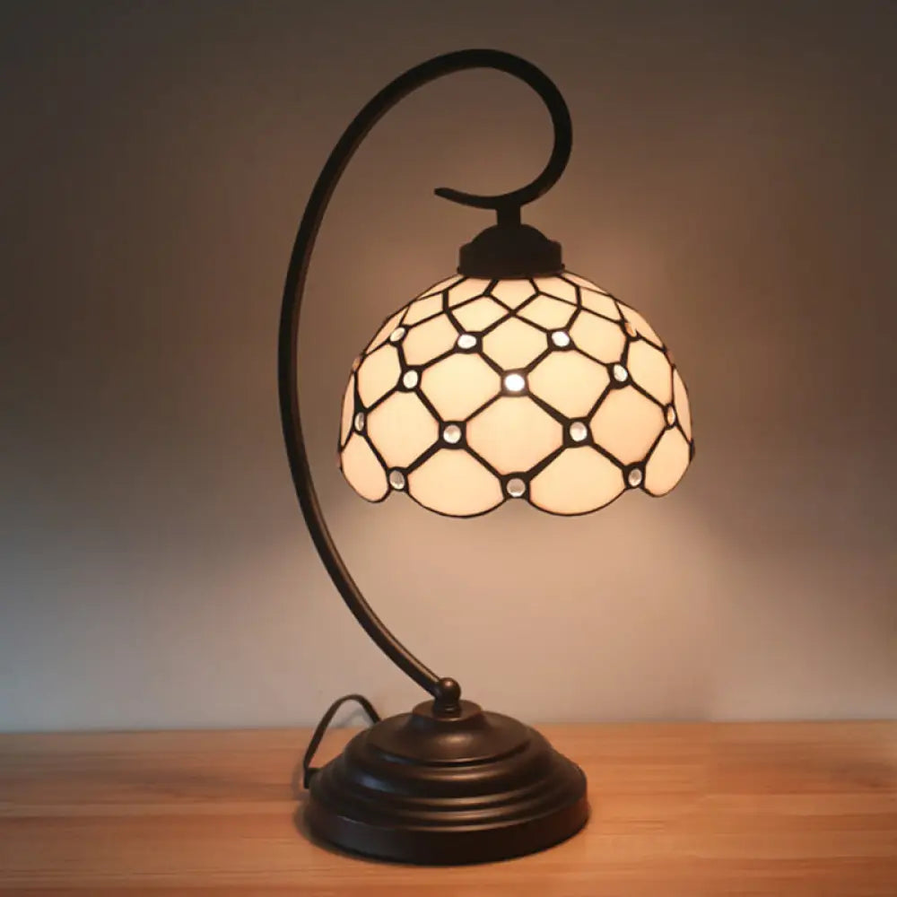 Bronze Tiffany Night Table Lamp With Beaded Patterned Shade - Swirl Arm Beige/White Glass