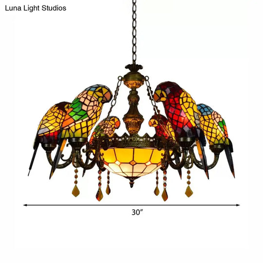 Bronze Tiffany Stained Glass Chandelier: Parrots Shade 9 Lights Amber Crystal Decoration - Perfect