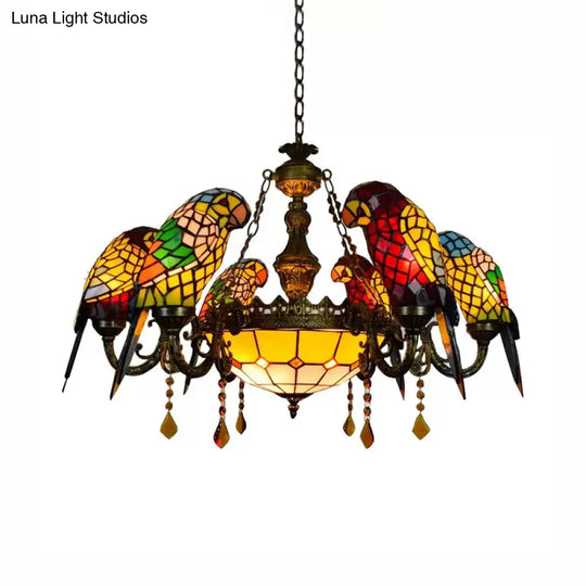 Bronze Tiffany Stained Glass Chandelier: Parrots Shade 9 Lights Amber Crystal Decoration - Perfect