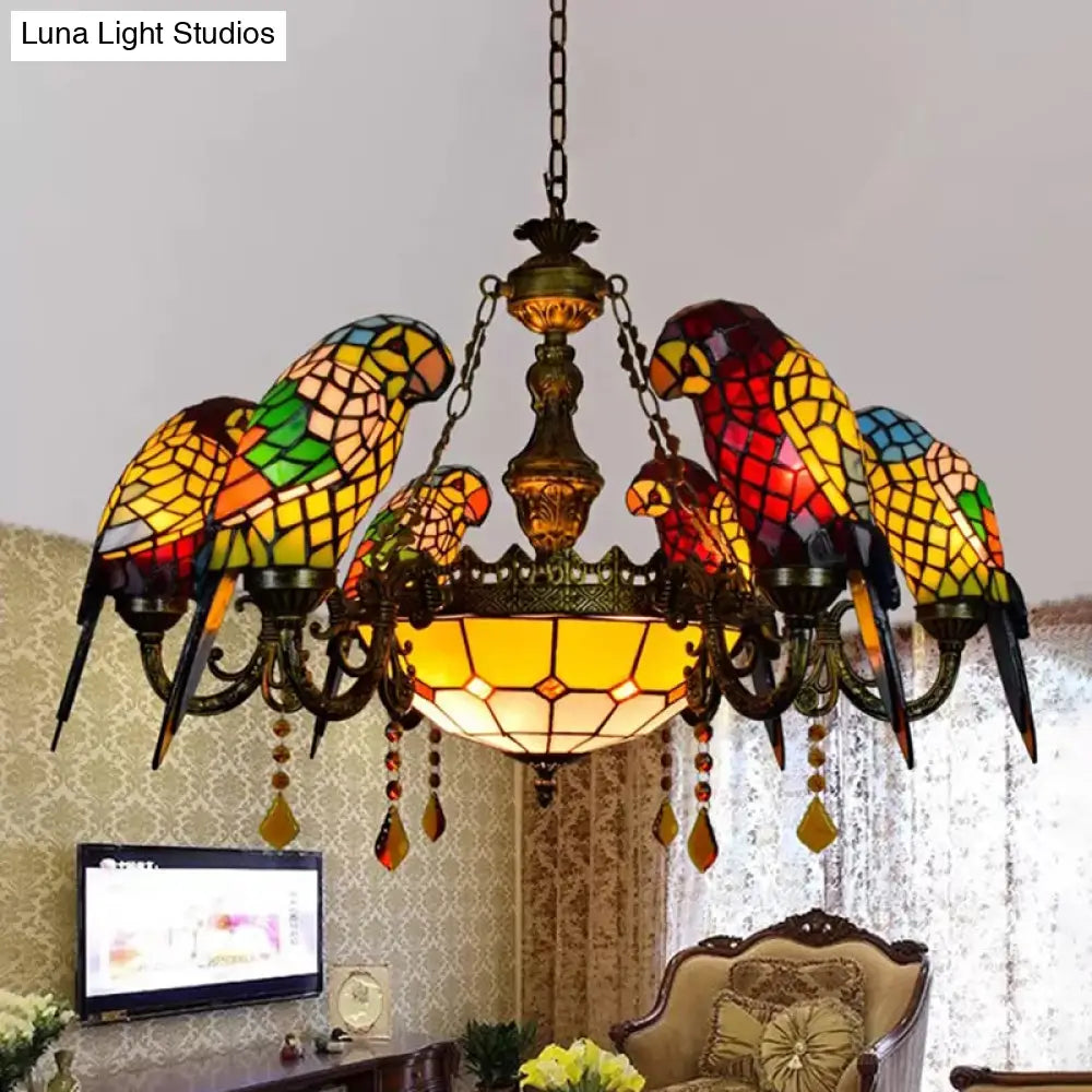 Bronze Tiffany Stained Glass Chandelier: Parrots Shade 9 Lights Amber Crystal Decoration - Perfect