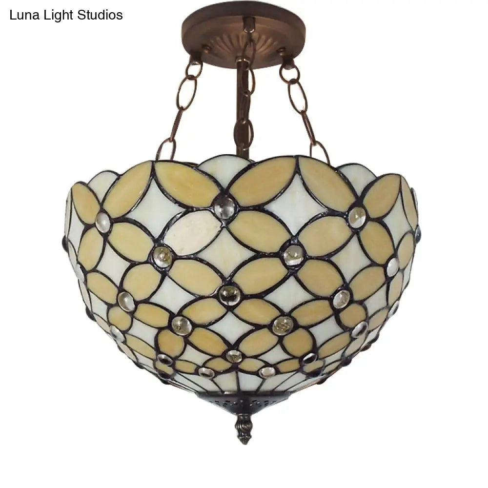 Bronze Tiffany Style 3 - Light Ceiling Fixture - Semi Flush Mount For Bedroom With Chain And Rod