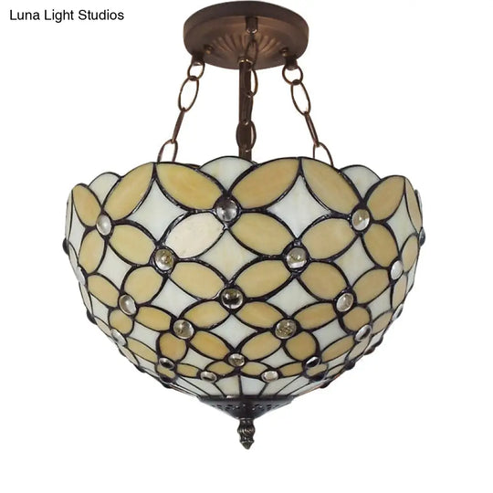 Bronze Tiffany Style 3 - Light Ceiling Fixture - Semi Flush Mount For Bedroom With Chain And Rod