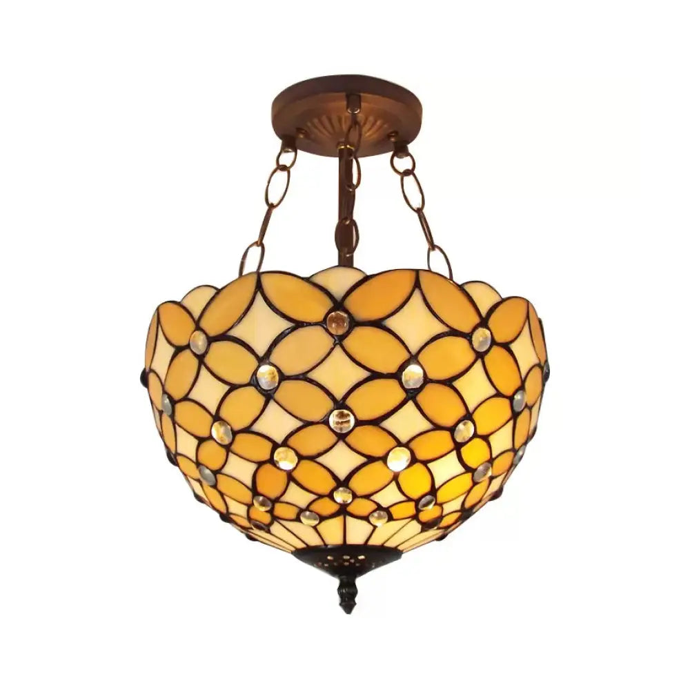Bronze Tiffany Style 3 - Light Ceiling Fixture - Semi Flush Mount For Bedroom With Chain And Rod