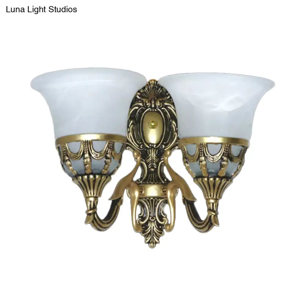 Bronze Traditional Corridor Wall Sconce With Alabaster Glass Shade - 2-Light Fixture