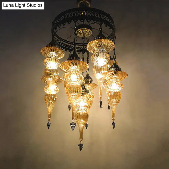 Bronze Traditional Curved Chandelier With Colorful Glass - 9 Bulb Suspension Light