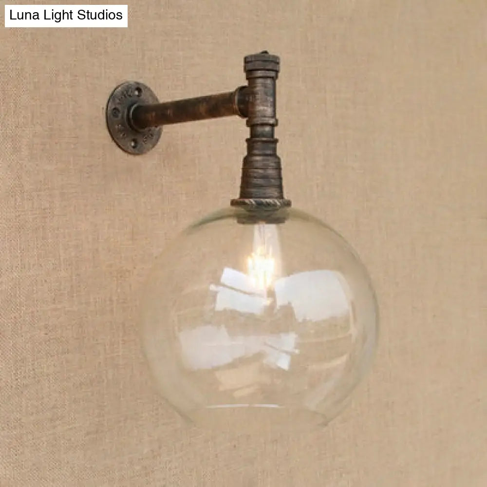 Bronze Wall Mount With Glass Shade - Antique Style Light Fixture Wrought Iron Pipe 1 Head 8/12 Wide