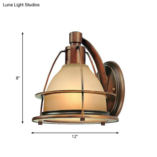 Bronze Wall Mounted Sconce - 1 Light Warehouse Lighting With Frosted Glass Dome And Metal Frame