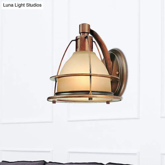 Bronze Wall Mounted Sconce - 1 Light Warehouse Lighting With Frosted Glass Dome And Metal Frame