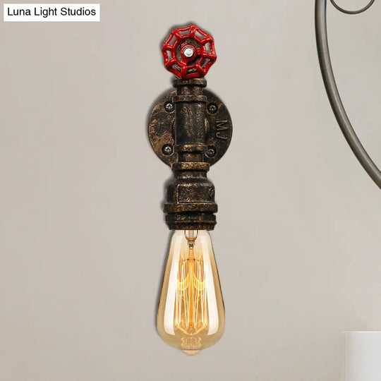 Bronze Water Pipe Wall Sconce Light: Farmhouse Style With Red Valve