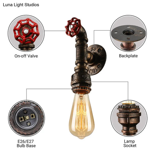 Bronze Water Pipe Wall Sconce Light: Farmhouse Style With Red Valve