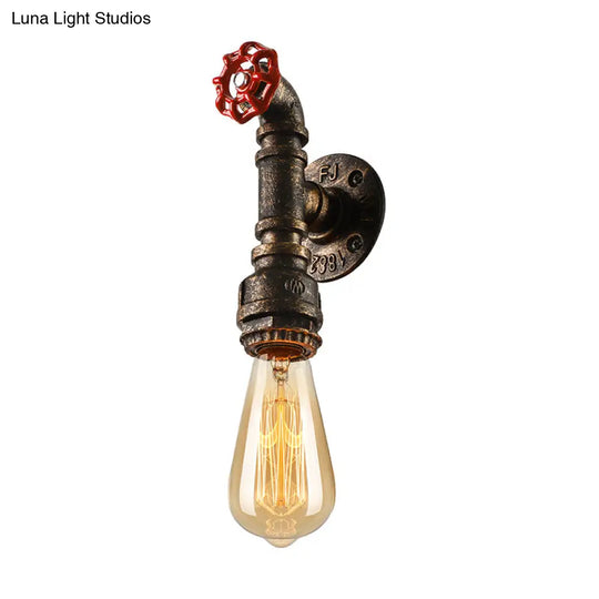 Bronze Water Pipe Wall Sconce Light: Farmhouse Style With Red Valve