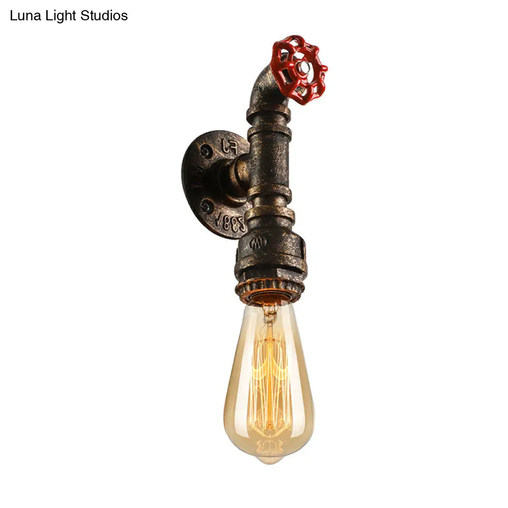 Bronze Water Pipe Wall Sconce Light: Farmhouse Style With Red Valve