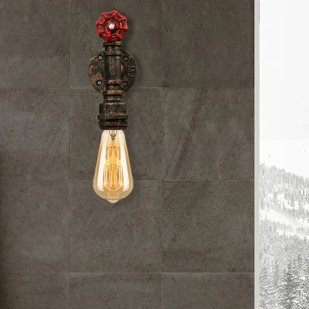 Bronze Water Pipe Wall Sconce Light: Farmhouse Style With Red Valve