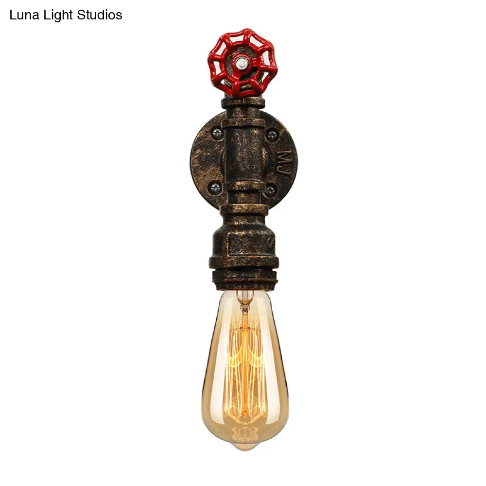 Bronze Water Pipe Wall Sconce Light: Farmhouse Style With Red Valve