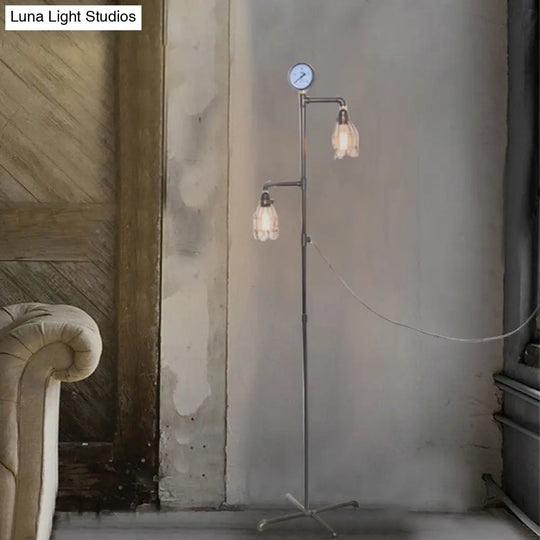 Bronze Wire Guard Iron Floor Light - Industrial Style 2-Headed Indoor Standing With Pressure Gauge