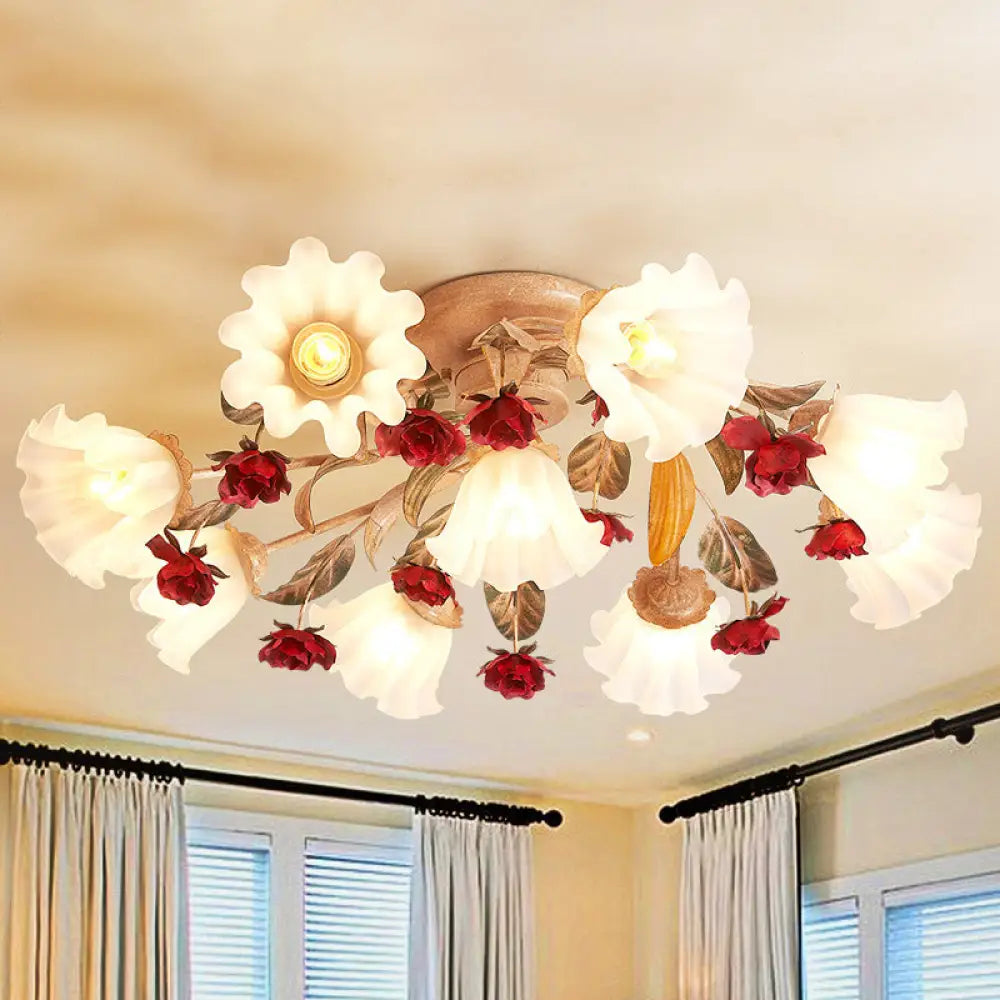 Brown 4/7/9 - Bulb Semi Flush Mount Pastoral Frosted Glass Ceiling Light With Red Flower Design 9 /