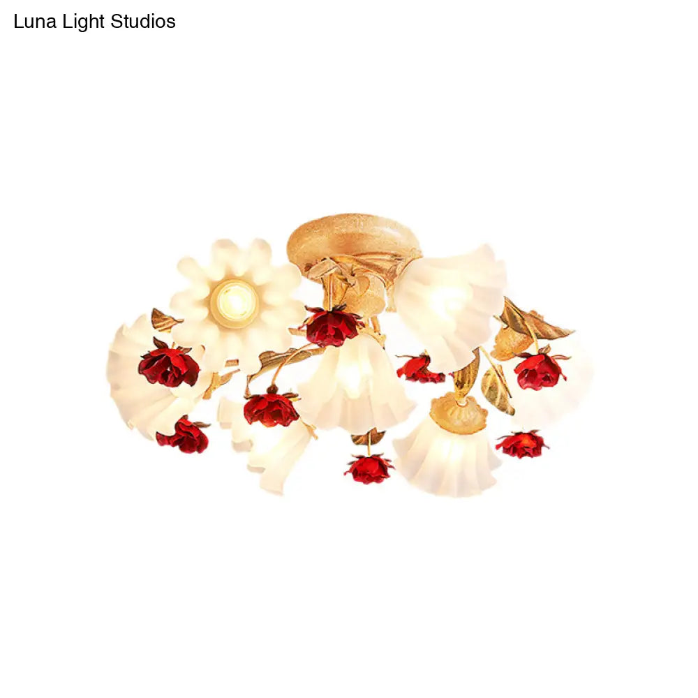 Brown 4/7/9 - Bulb Semi Flush Mount Pastoral Frosted Glass Ceiling Light With Red Flower Design