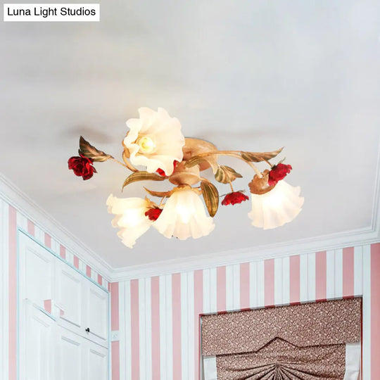 Brown 4/7/9-Bulb Semi Flush Mount Pastoral Frosted Glass Ceiling Light With Red Flower Design