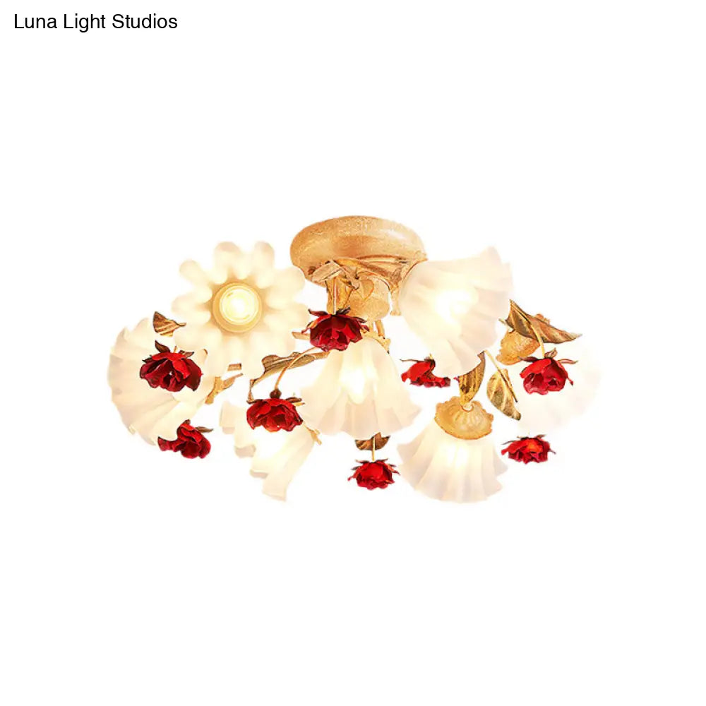 Brown 4/7/9-Bulb Semi Flush Mount Pastoral Frosted Glass Ceiling Light With Red Flower Design