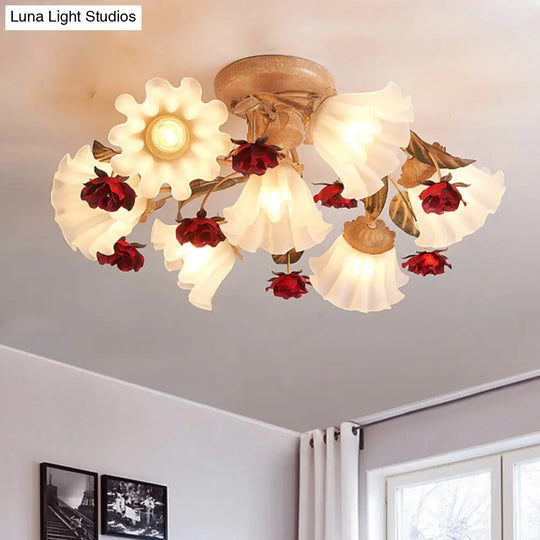 Brown 4/7/9-Bulb Semi Flush Mount Pastoral Frosted Glass Ceiling Light With Red Flower Design 7 /