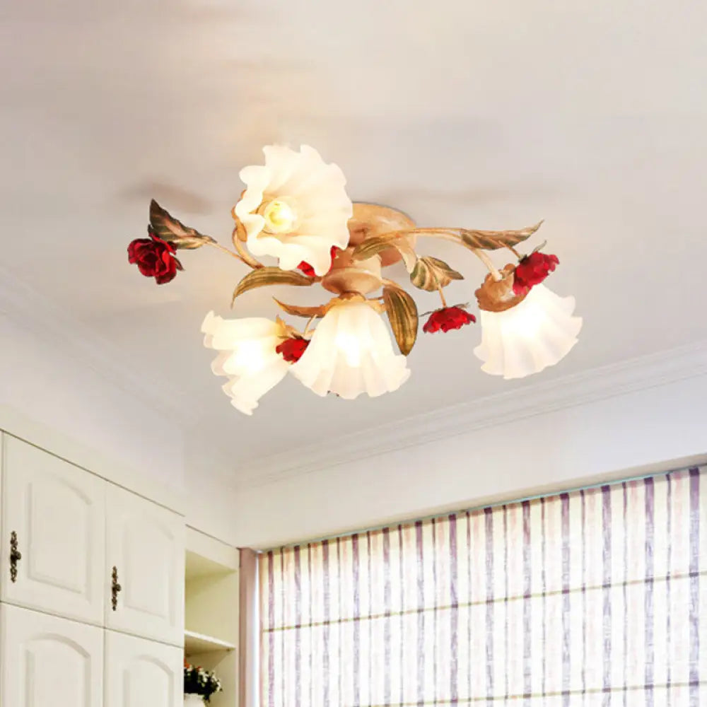 Brown 4/7/9 - Bulb Semi Flush Mount Pastoral Frosted Glass Ceiling Light With Red Flower Design 4 /