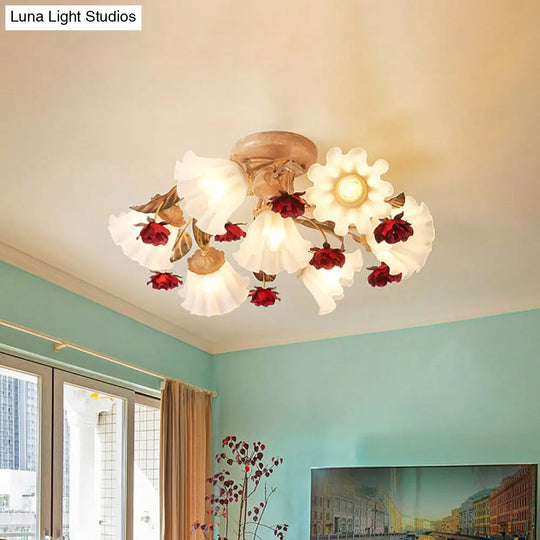 Brown 4/7/9 - Bulb Semi Flush Mount Pastoral Frosted Glass Ceiling Light With Red Flower Design