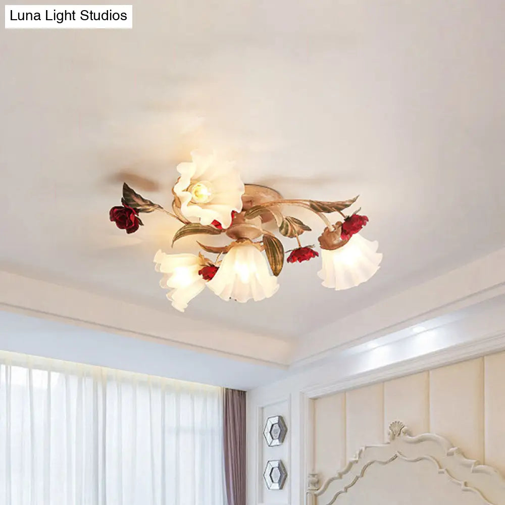 Brown 4/7/9-Bulb Semi Flush Mount Pastoral Frosted Glass Ceiling Light With Red Flower Design