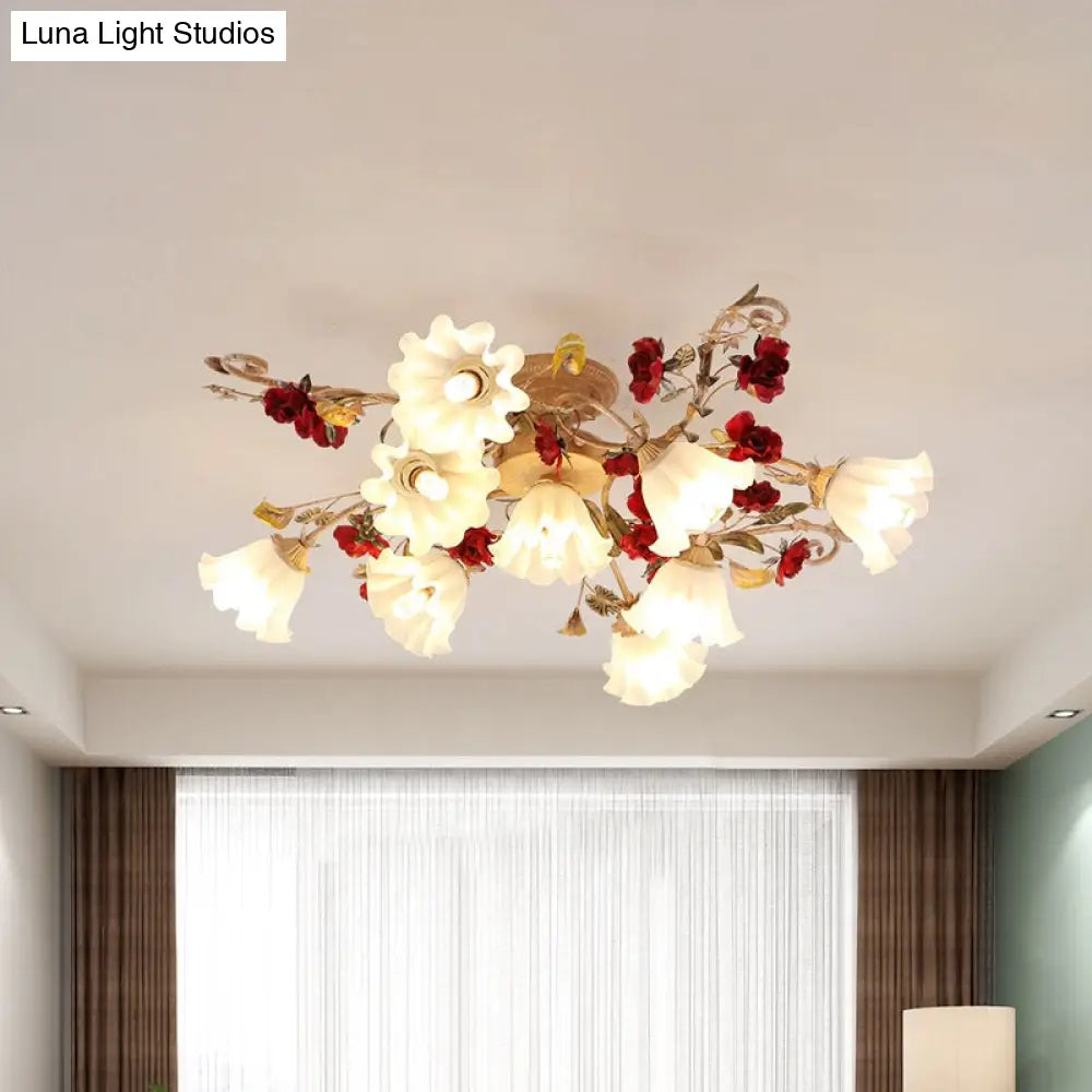 Brown 4/7/9-Bulb Semi Flush Mount Pastoral Frosted Glass Ceiling Light With Red Flower Design