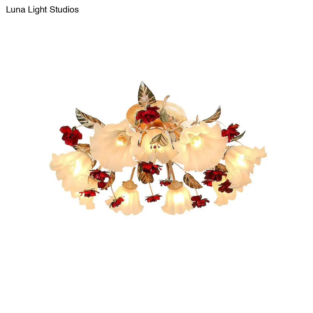 Brown 4/7/9 - Bulb Semi Flush Mount Pastoral Frosted Glass Ceiling Light With Red Flower Design