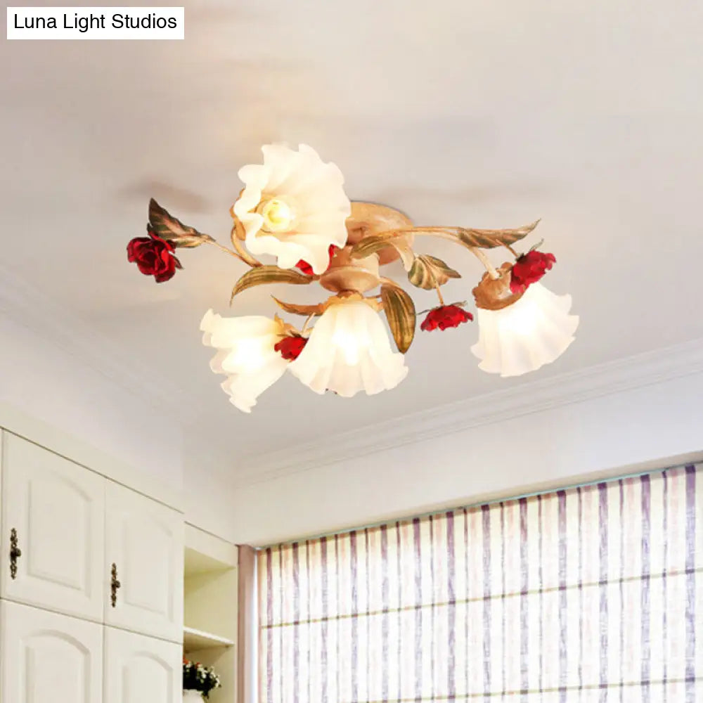 Brown 4/7/9-Bulb Semi Flush Mount Pastoral Frosted Glass Ceiling Light With Red Flower Design 4 /