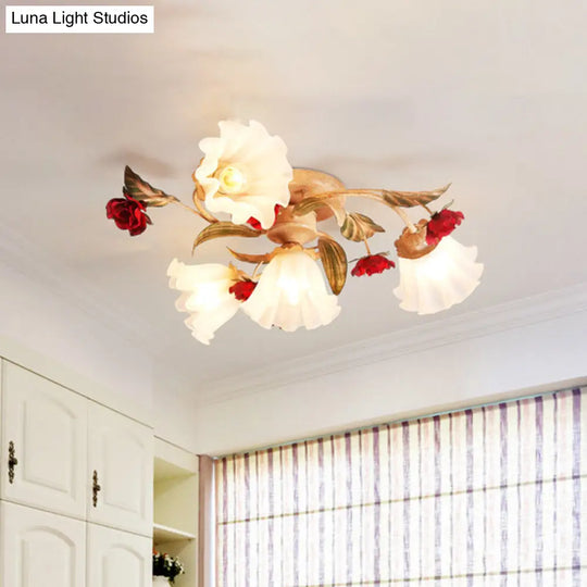 Brown 4/7/9-Bulb Semi Flush Mount Pastoral Frosted Glass Ceiling Light With Red Flower Design 4 /